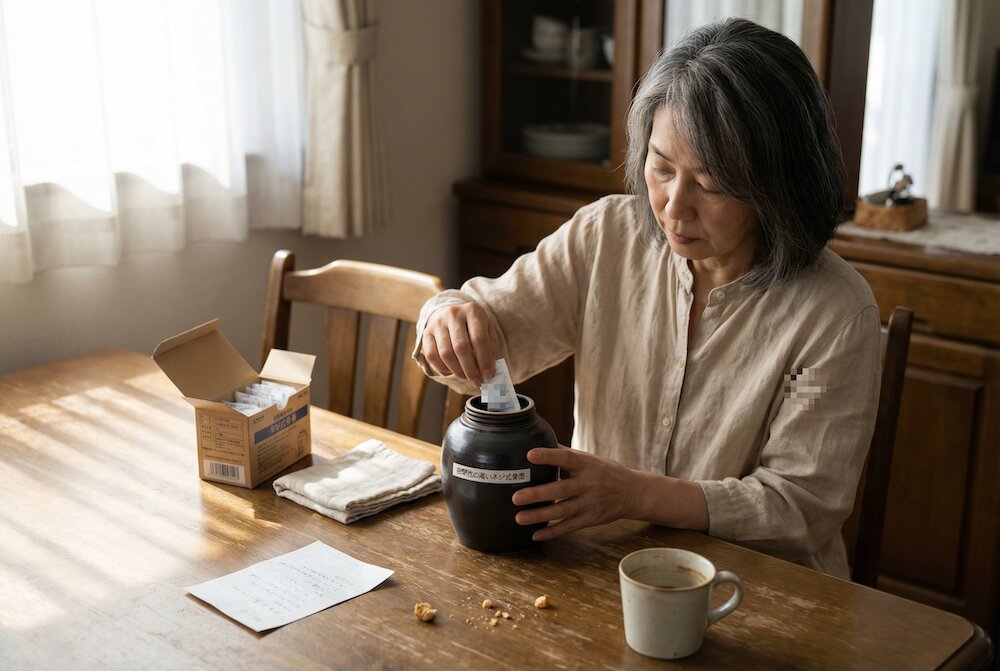 骨壷に乾燥剤を入れる女性