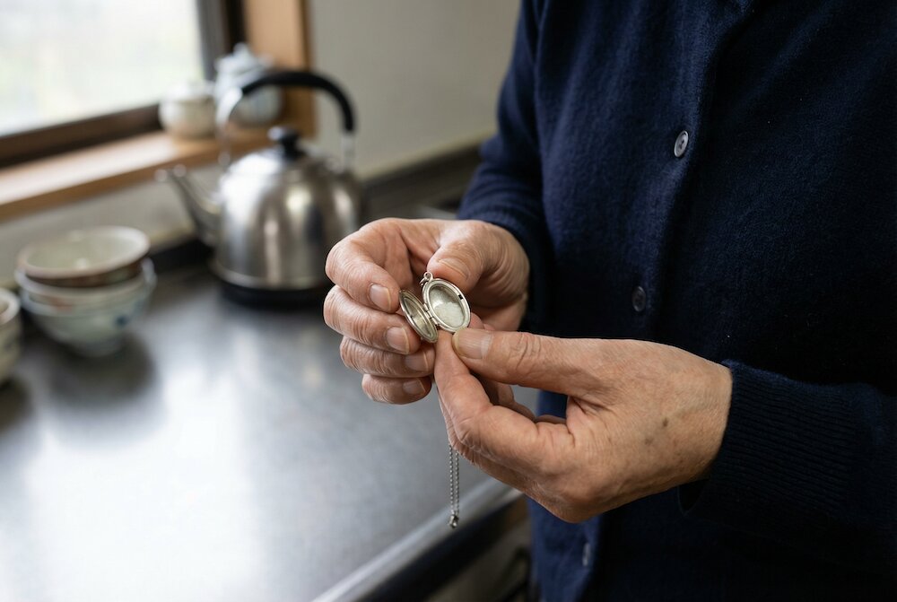 遺骨ペンダントの内部構造（カプセル部分）を実際に手で開いて確認している