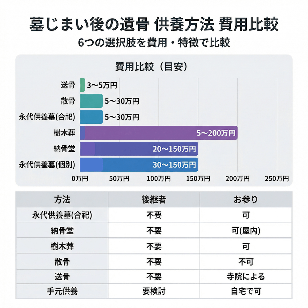 墓じまい後の遺骨、供養方法、費用比較